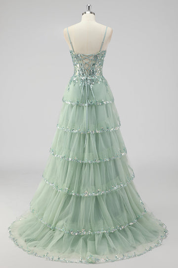 Vert sauge scintillant Une ligne spaghetti bretelles Paillettes Corset Robes De Soirée à plusieurs niveaux avec fente